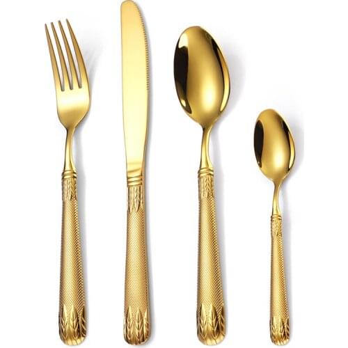 Thicken Handle Steak Knife Fork Stainless Steel Retro Wheat Ears Relief Tableware Dessert Spoon Teaspoon Western Luxury Cutlery