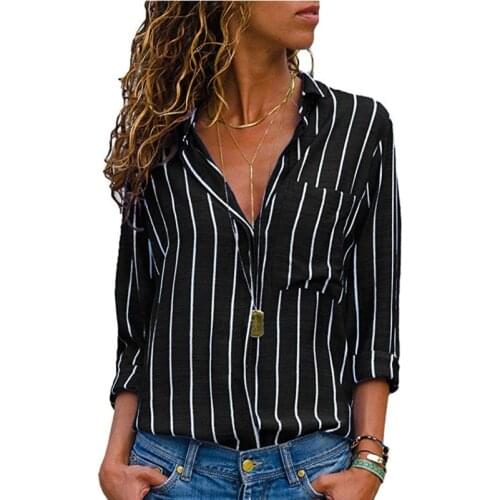 Stripe Turn-down Collar Womens Shirts 2021 New Fashion Casual Bodycon Solid Long Sleeve Pocket Buttons Ladies Shirts Plus Size
