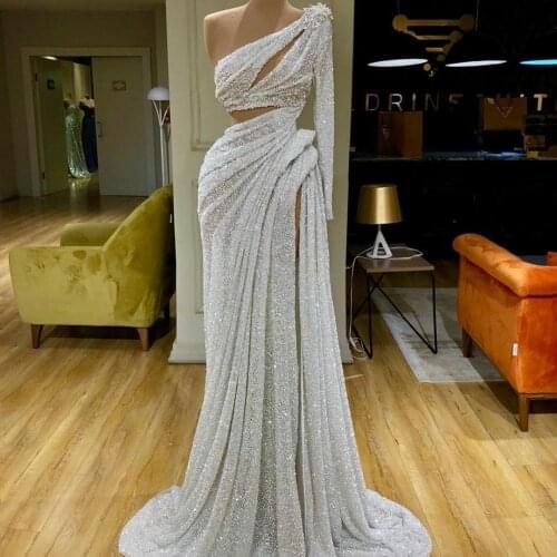 One Shoulder Glitter Sequins Evening Dresses Slim Fit Side Split Mermaid Prom Gowns Pleats Sexy Party Dress