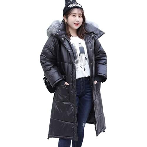 Real shot glossy winter parka women oversize black down cotton coat fur collar thick windproof warm cotton jacket female G836