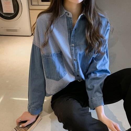 Color Matching Denim Jacket Womens Autumn And Winter Thickened Retro Hong Kong Style Long Sleeve Loose And Versatile Top