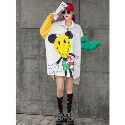 2021 spring and autumn long-sleeved lapel shirt womens large size loose contrast color mid-length irregular trend top