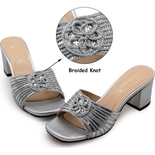 Royal Blue Braided Sequined Female Footwear 572-13 Women Sandals Mules Slippers Ladies Chunky Heels Dress Shoes Slides