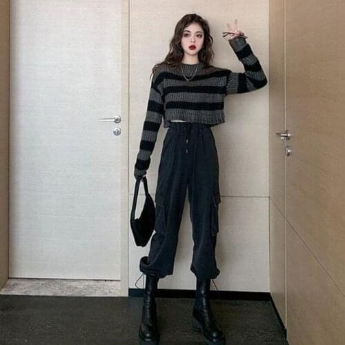 Women Pullovers Sweaters Striped Fashion New O-Neck Long Sleeve Loose Streetwear Korean Hip Hop Short Knitting Sweaters