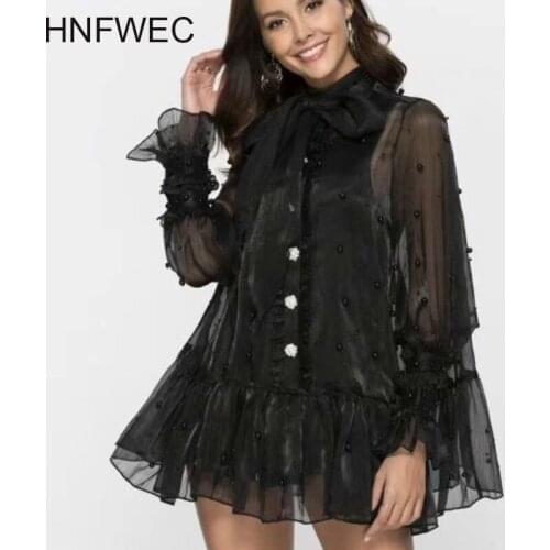 2020 New Spring Fashion Two Pieces Set Bow Collar Mesh Single Breasted Shirt Dress Mini Length Sexy Flare Sleeves K182