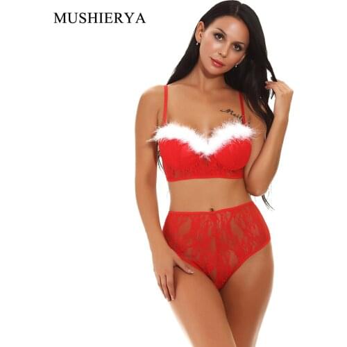 MUSHIERYA Women Strap Lace Spaghetti Chemise Briefs Christmas Sexy Lingerie Push Up Bra Set Sexy Womens Bras and Underwear Sets