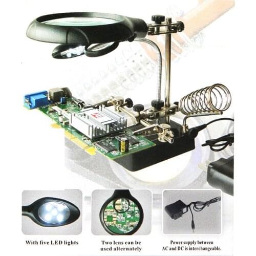 2.5X 7.5X 10X Desktop magnifying glass Loupe 5LED Handsfree Magnifier with Auxiliary Clamp Alligator Clip Stand for repairing