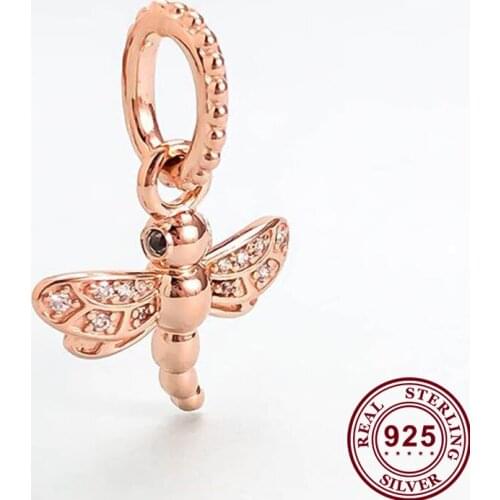 2020 New 925 Sterling Silver Charm Rose Gold Glittering Dragonfly Pendant Fit Pandora Women Bracelet & Necklace Diy Jewelry