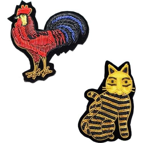 5pieces Indian Silk Cock Rooster Gold Cat Design Patches Motifs Badge Applique for Clothes Decorated Craft Sewing Supplies TH950