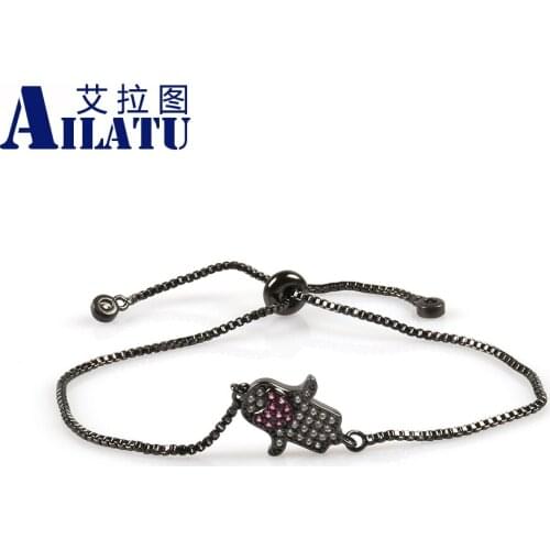 Ailatu Micro Paved Red Cz Loving-heart Fatima Hand Hamsa and High Quality Copper Link Chain Bracelet for Gift