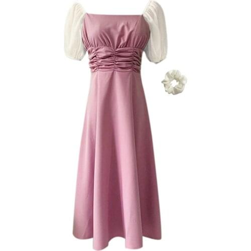 PERHAPS U Puff Short Sleeve Knee Length Black And White Green Pink Patchwork Dress Vintage A Link Slash Neck Elegant D1864