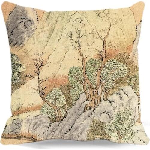 Cotton polyester Square Pillow case Chinese ancient landscape painting For Home sofa Car car chair Seat Decoration