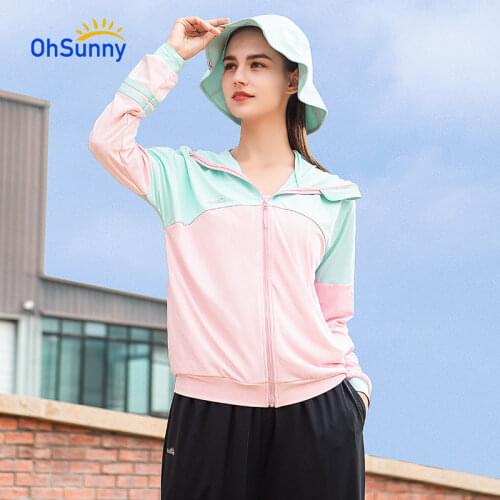 OhSunny Summer Outdoor Anti-UV Sunscreen Coats Hooded Sun Protection Clothes Thin Breathable Patchwork Long Sleeve Sport Running