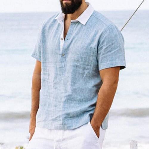 2021 Summer Short Sleeve Men Shirt Turn-down Collar Sweat Absorbing Patchwork Buttons Closure Casual Shirt Pullover Beach