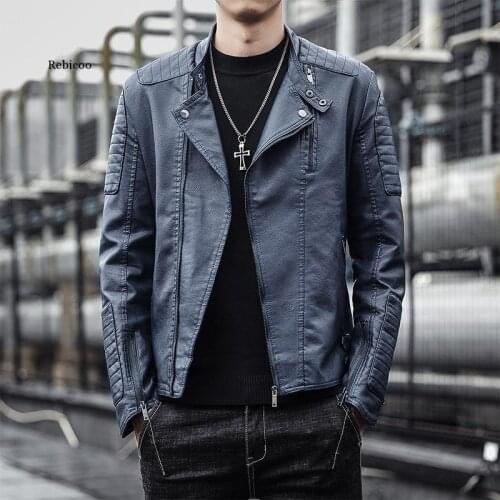 2021 Mens Lapel Multi-Zipper Rivet Leather Coat Youth Fashion Oblique Zipper Pu Leather Coat