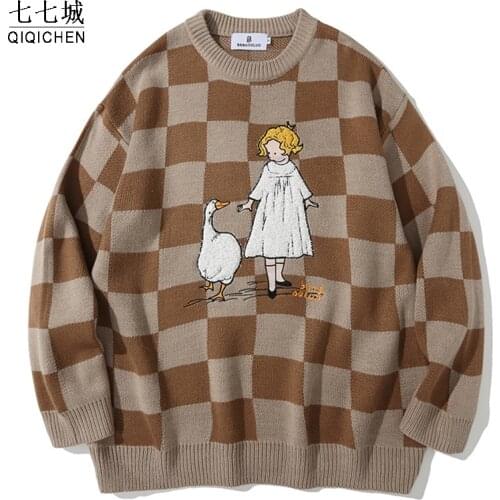 Vintage Plaid Sweater Men Women Hip Hop Girl and Duck Knitted Pullover Jumper Streetwear Loose College Sweater Tops 2021 Winter