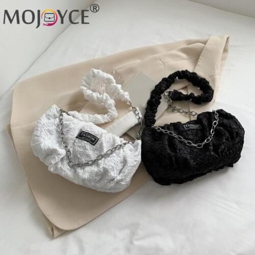 Versatile Retro Soft Bag Shopping Bag Chain Foldable Canvas Fashion Women Pleated Embossing Cloth Crossbody Bag