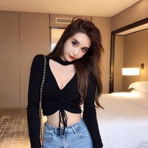 WOMENGAGA Solid Color Halter Long Sleeve Bottomed Tops Hot Girl Sexy Open Navel Drawstring T-shirt Women R2T0