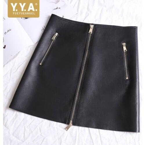 Women Streetwear Sheepskin Wrap A-Line Skirts High Waist Front Zipper Short Skirts Elegant Ladies Genuine Leather Black Skirt