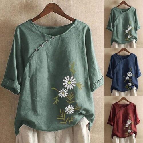 Women Fashion Summer Casual Print Loose T-shirt Vintage Round Neck Plus Size Cotton linen Short Sleeve Blouse Button Tops