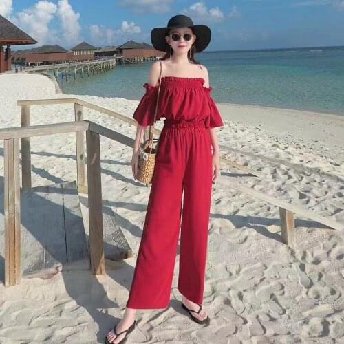 2021 Summer New Women Sexy Solid Slash Neck Off-Shoulder Short Tops+Elastic Waist Wide Leg Long Pant Two Piece Set RE2040