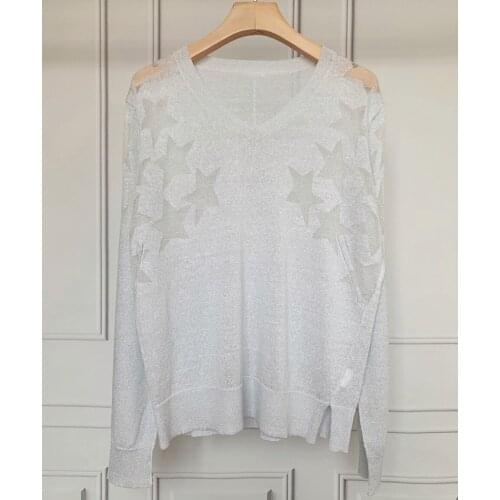 Women 100% Linen V-Neck Thin Knitted Sweater Lady Long Sleeve Stars Knitwear Jumper Female Long Sleeve Pullover Tops