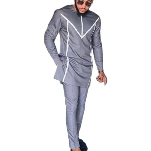 African Fashion O-neck Top And Trouser Senator Style Mens Outfit Cotton Grey/White Patchwork Shirt+ Pant Man Sets