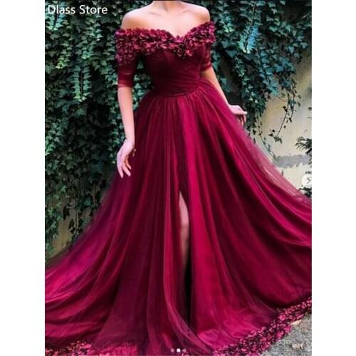 Burgundy Prom Dress 2020 Half Sleeves Off Shoulder Flowers Hem V-neck Tulle Split Sweep Train Evening Dress платья знаменитостей