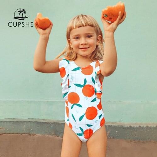 CUPSHE Orange Print High Neck Ruffle One-piece Swimsuit For Girls Toddler Kids Swimsuit 2021 Children Bathing Suits 2-12 Years