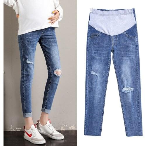 High Quality Retro Denim Hole Jeans Maternity Pants For Pregnant Women Elastic Waist Skinny Stretch Pregnancy Jeans Trousers