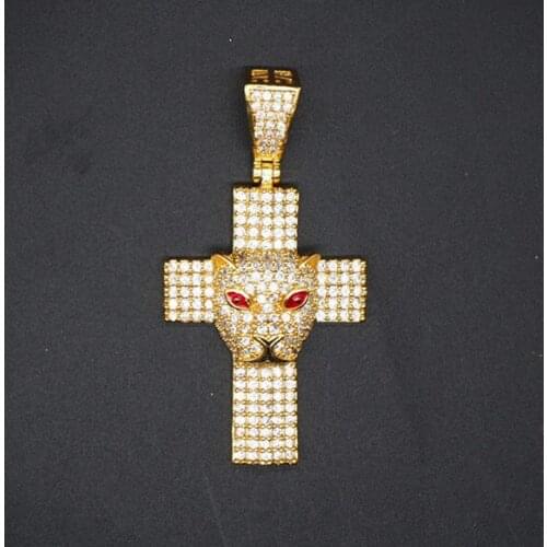 European and American Popular Leopard Head Cross Pendant hip-hop style necklace AAAA zircon inlaid copper jewelry men fashion ac