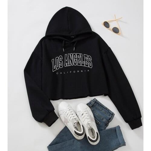 Los Angeles California Letter Print Hoodies Women Graphic Drop Shoulder Drawstring Crop Hoodie Long Sleeve Hooded Sweatshirt