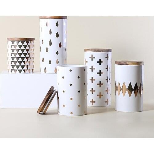 Nordic Pattern Ceramic Storage Bottle Jars For Spices Wood Lid Cans Kitchen Coffee Tea Candy Cane Container Articulos De Cocina