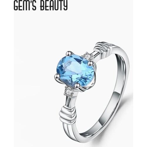 GEMS BEAUTY 925 Sterling Silver Oval Cut Rings Natural Swiss Blue Topaz Handmade Solitaire Rings For Women Romantic Gift