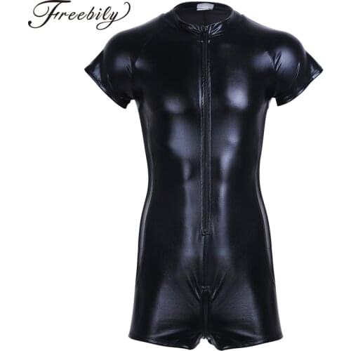 Bodysuit Leather Mens Front Zipper One-piece swimsuit Thong Leotard Bodysuit with See-through Mesh Side for Night Club Party