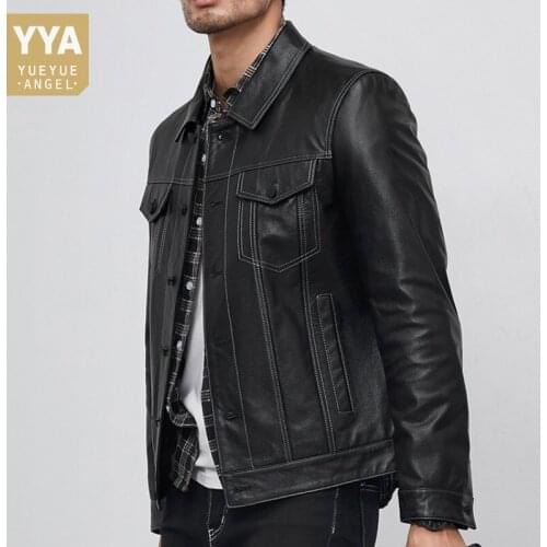 Fashion Slim Fit Classic Biker Real Cow Leather Jacket Mens Genuine Leather Coat Turn-Down Collar Casual Jacket Autumn Outerwear