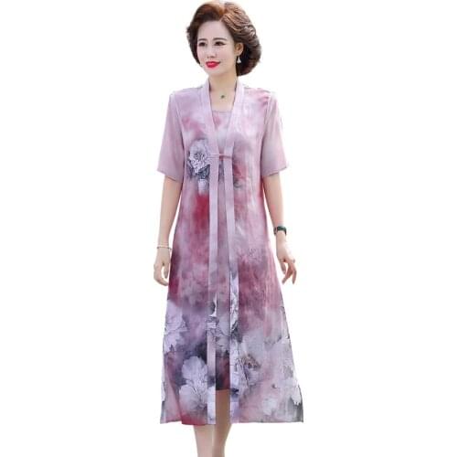 Middle Age Mother Summer Dress Two Piece Set 2021 New Fashion Plus Size Women Fashion Silk Vestido