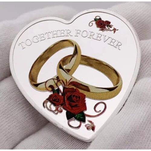 Heart-shaped Metal Coins Red Rose Rings Design Commemorative Silver Coin For Wedding Anniversary Valentines Gifts