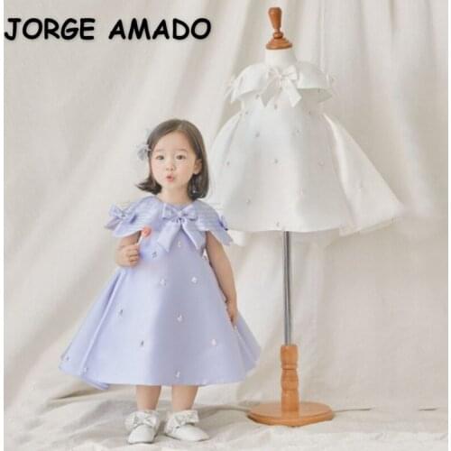 2021 New Summer Kids Girls Party Dresses Pink White Purple Sleeveless Pearls Princess Dress Wedding Piano Perform Birthday E0718