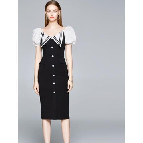 New Women Dress Summer 2021 Elegant Fashion Gentlewomen V-Neck Puff Sleeve Package Hip Slim Black Dress Banquet Dress