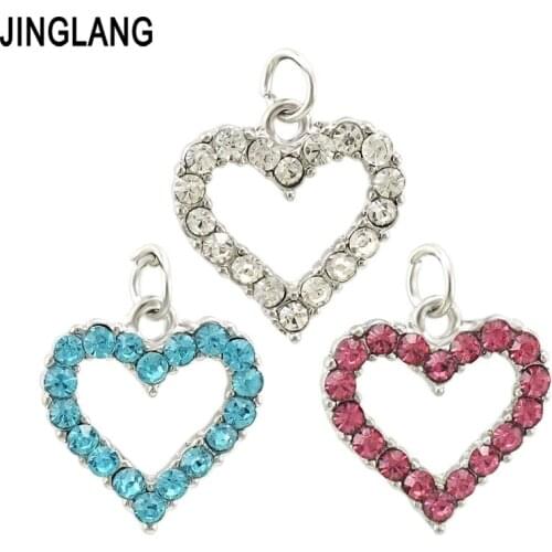 JINGLANG Charms lovely Rhinetone heart Tibetan Silver Plated Pendants Antique Jewelry Making DIY Handmade Craft 30 pcs