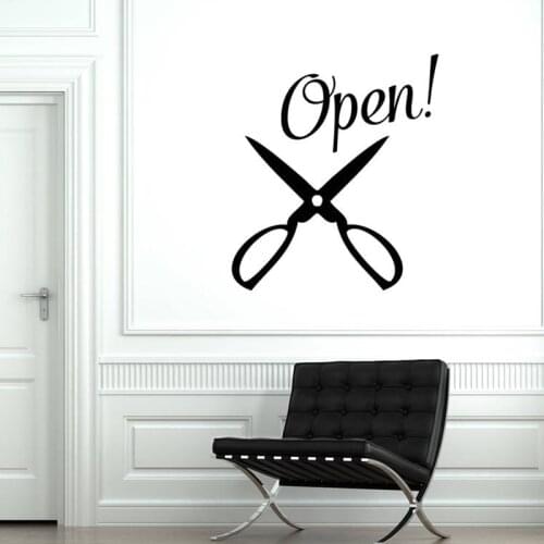 Open Hair Salon Vinyl Wall Decal Scissors Logo Barbershop Stickers Mural A5-009