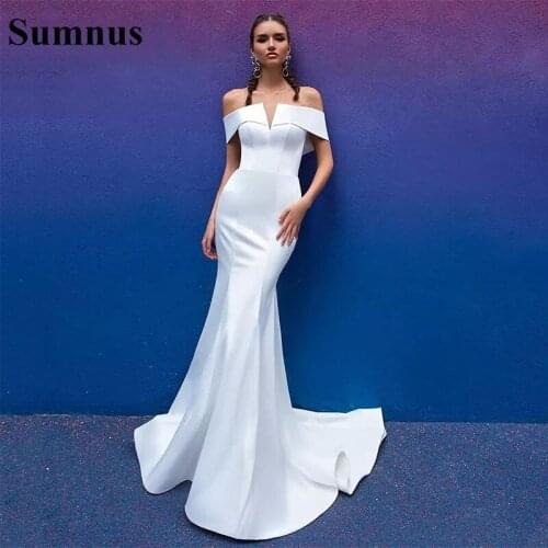 Sumnus 2021 Mermaid Wedding Dresses Detachable Train Off The Shoulder Short Sleeve Pleats Satin Beach Bridal Gowns