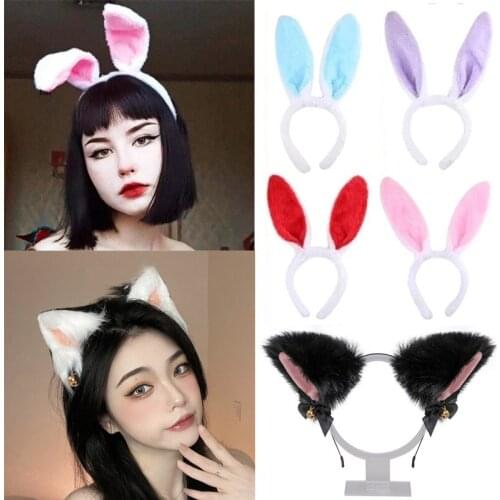 Cosplay Plush Furry Rabbit Ears Headband Women Bell Fur Cat Ear Hair Clips Headwear Costume Props for Halloween Party Decoration