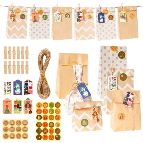 24sets Christmas Gift Bag Retro Creative Kraft Paper Bag Party Food Candy Packaging Bag Christmas Advent Calendar Set