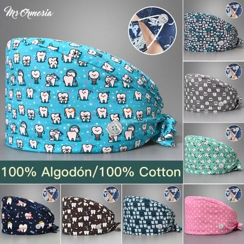 Unisex scrubs caps Adjustable cotton tooth printing hats High Quality adjustable sweat-absorbent Elastic multicolor scrubs hats