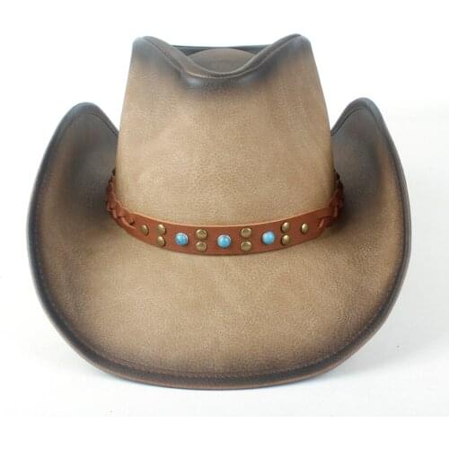 Retro Unisex Western Cowboy Wide Brim Hat With Punk Band Leather Sombrero Cowgirl Hat