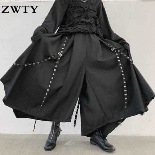 ZWTY Mens Ribbon Dark Black Wide Leg Pants Male Women Japan Punk Gothic Harem Trousers Kimono Skirt Pants