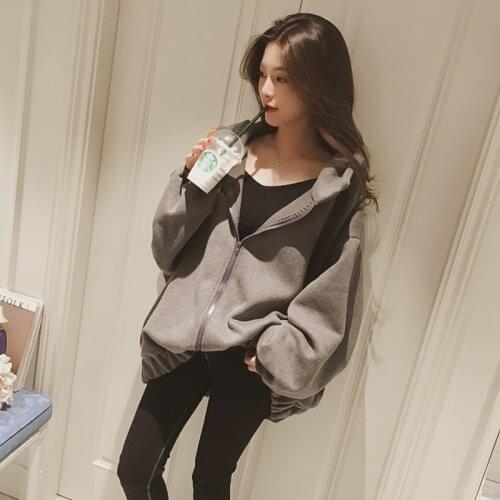 Loose zipper, hooded, large-size womens coat, lazy style.Girlish style College style sweatshirt album para top clothing