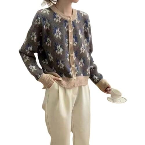 Vintage Mall Goth Tops Loose O Neck Single-breasted Cardigan Sweater Fashion Elegant Embroidery Floral Sweet Knitwear Blue Black